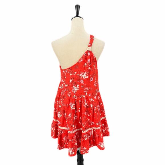 Free People All Mine Red Linen Blend One Shoulder Floral Flowy Boho Mini Dress - Picture 5 of 12
